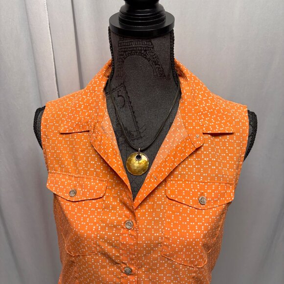 Eddie Bauer Sleeveless Button Up Blouse Womens Sz Small Orange Polka Dot Casual - Picture 2 of 10